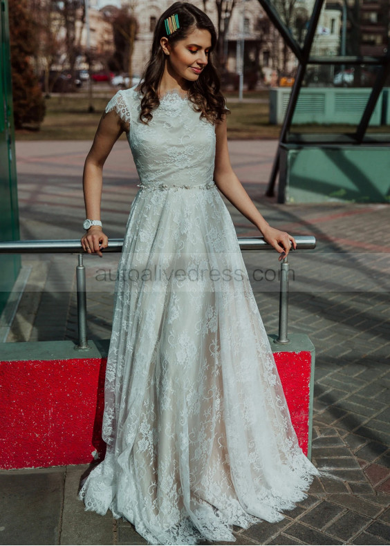 Ivory Eyelash Lace Tie Back Dreamy Wedding Dress